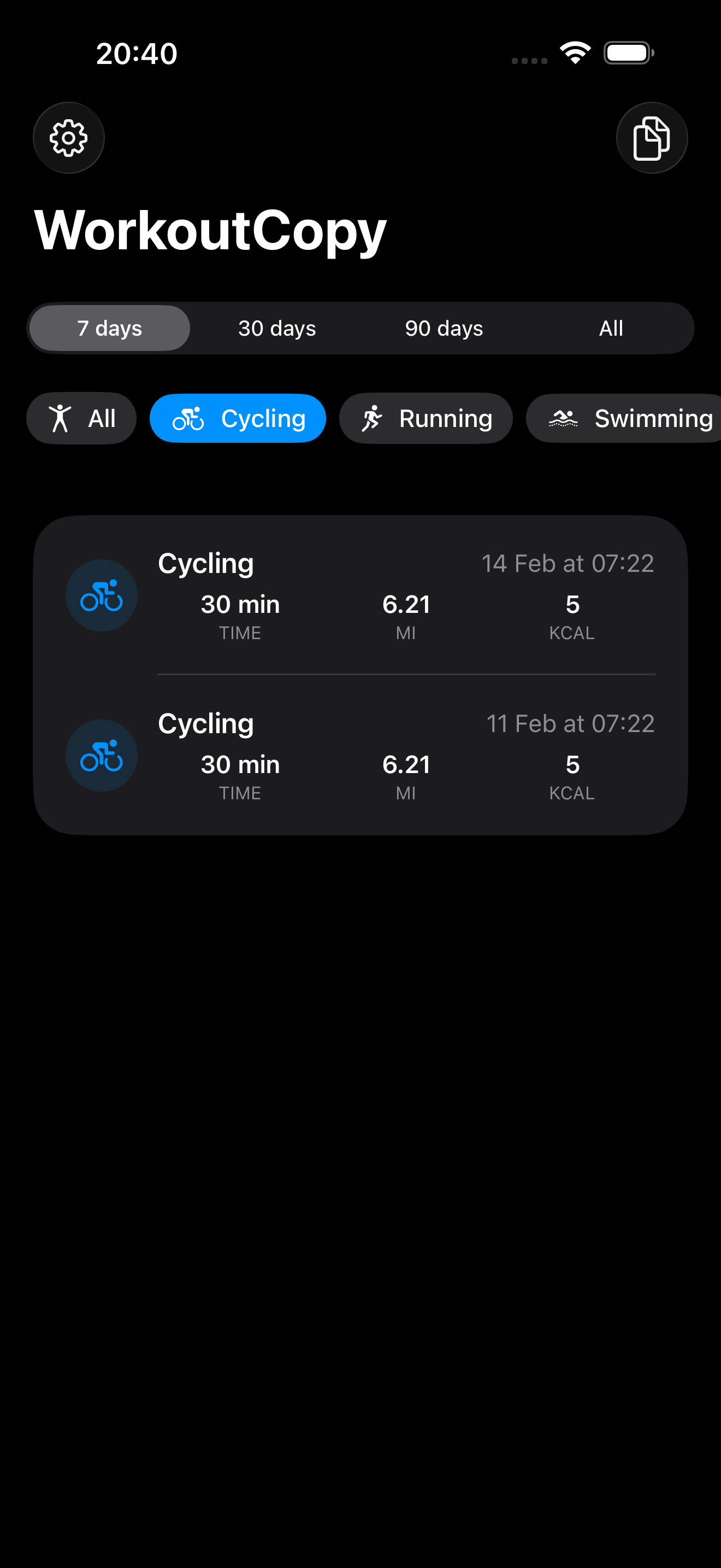 Dark mode view showing cycling workouts with blue accent colors