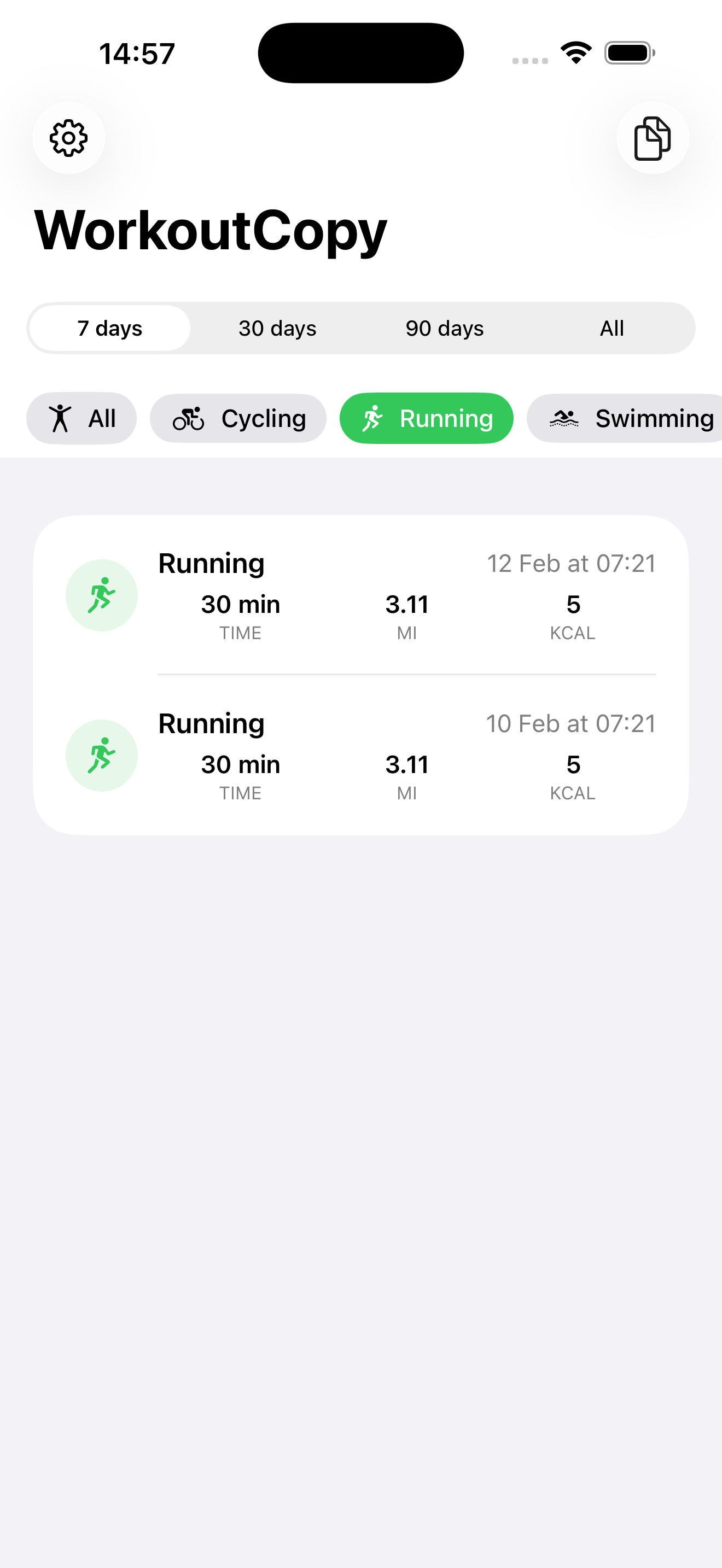 WorkoutCopy showing running workouts filtered with green accent