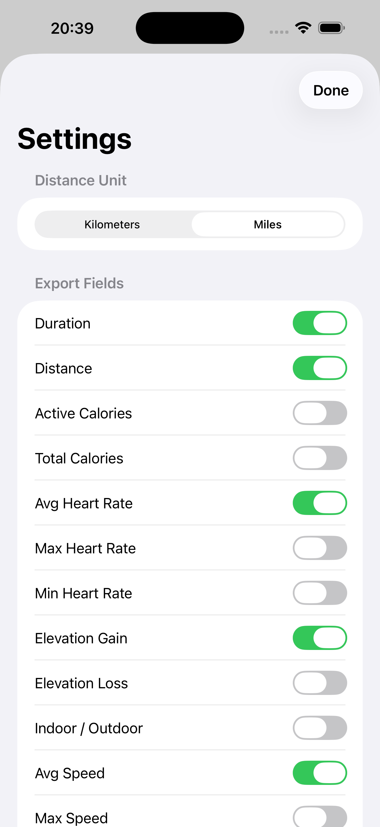WorkoutCopy settings screen showing all configurable export fields